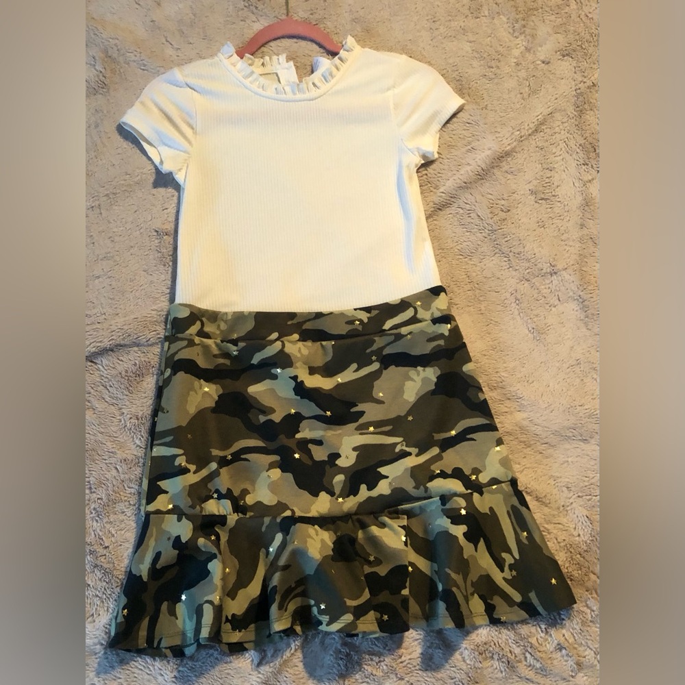 WONDER NATION Girls Large 10-12 Ivory Green Short Sleeve Camo Printed Dress